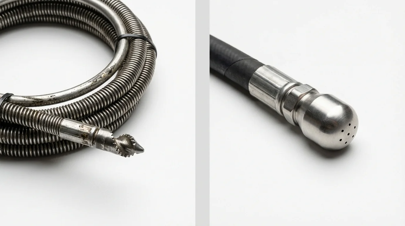 Drain snake cable and hydro jetting nozzle used for drain cleaning in Newark, NJ